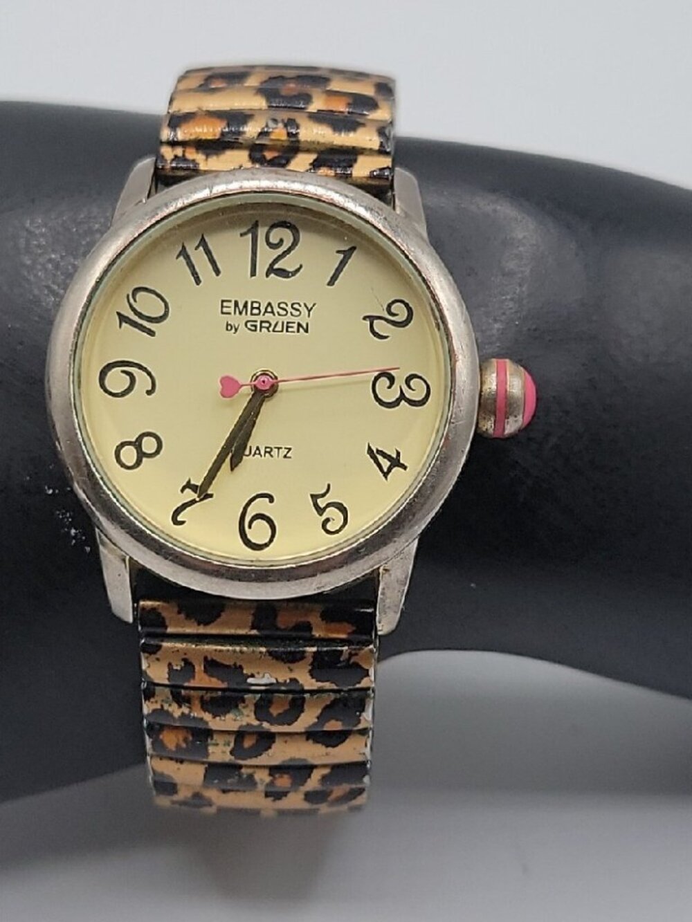 Embassy Ladies Watch By Gruen Leopard Print Stretch Band Pink Crown Vintage